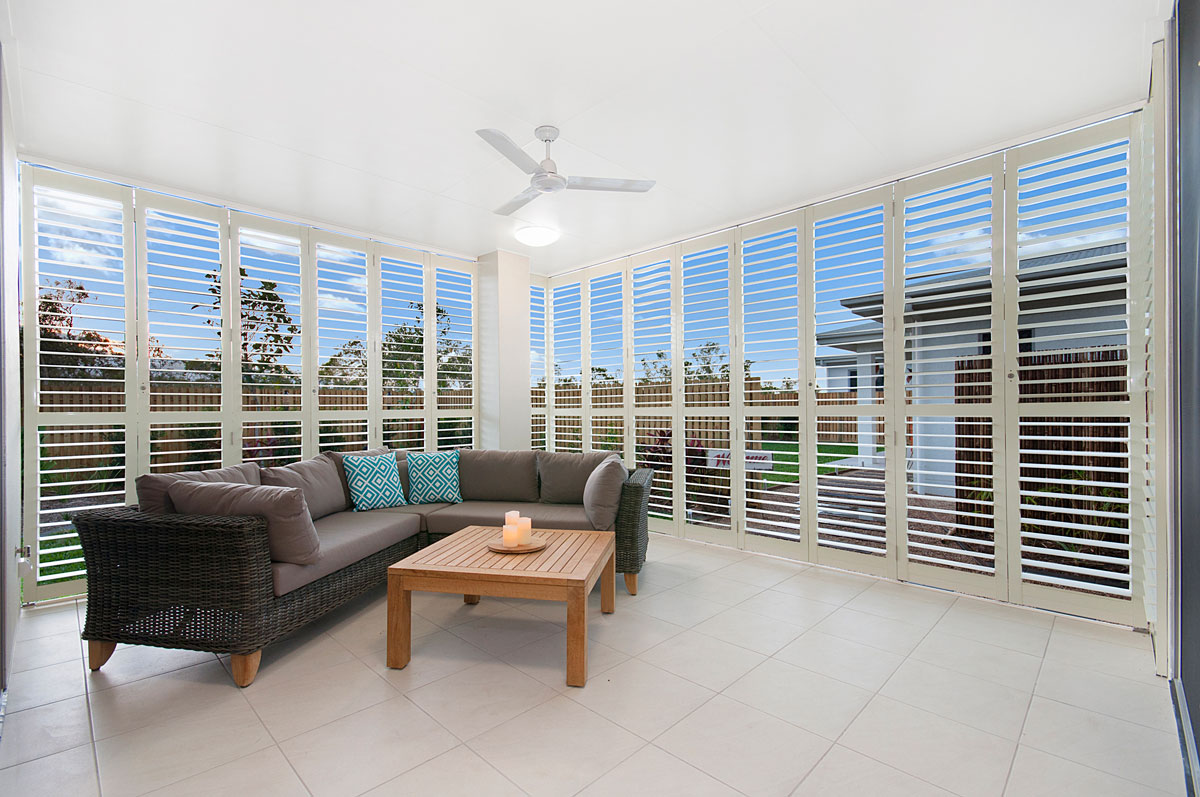 Large White Sliding External Shutters Closed — Timber Tec Shutters In Ballina, NSW